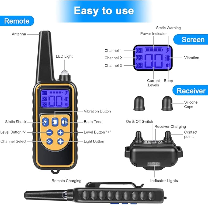 Dog Training Collar Shock Collars for Dogs with Remote 2600 Ft Remote Control Range 4 Modes Beep Vibration Shock Built-in Bright Led Light Rechargeable Waterproof (Yellow, for 3 Dogs)