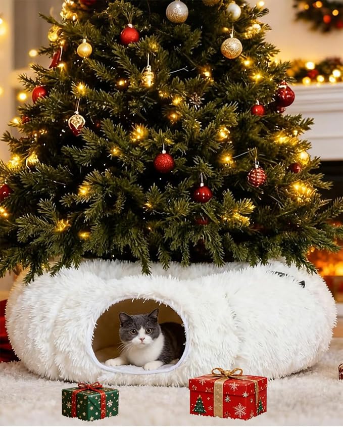 Grelife Cat Tunnel Bed for Indoor Cats, Cute Cat Tunnel Toys, Cat Donut Tunnel Toys with Washable/Removable Cushion, Non-Slip Base, for Cats, Kittens, Small Pets (White)