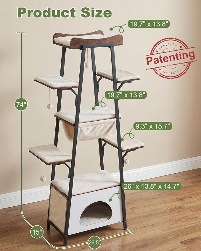 74-Inch Modern Cat Tree Tower for Large Cats, Multi-Level Cat Tower with Scratching Board, Large Perch, Hammock, Removable Pads, White
