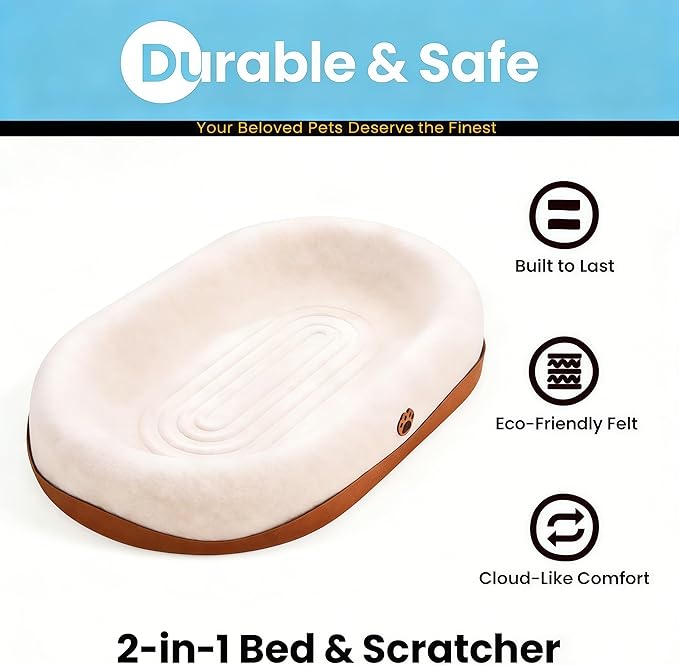 2 in 1 Cat Scratcher and Bed for Large Cats, Wear-Resistant Felt Cat Scratching Pad & Lounge, Protects Furniture from Scratching, Couch Protector Alternative (with Mochi Balls)