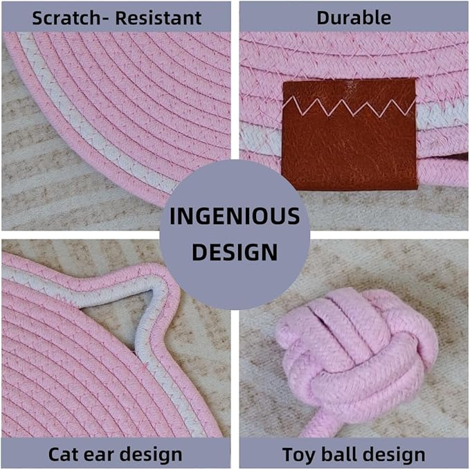 Cat Scratcher Mat, Natural Cotton Rope Cat Scratching Pad, 16.9'' Round Cat Wall & Floor Scratch Pad, Durable Double - Sided Cat Scratcher, Furniture Protector for Wall, Sofa, Couch, Carpet, Pink