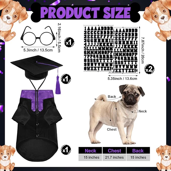 5 Pcs Dog Graduation Costume Set Include 2026 Pet Graduation Gown with Stole Puppy Grad Cap Lensless Glasses DIY Letter Stickers for Dogs Cats Holiday Costume Accessory(Black Purple,M)