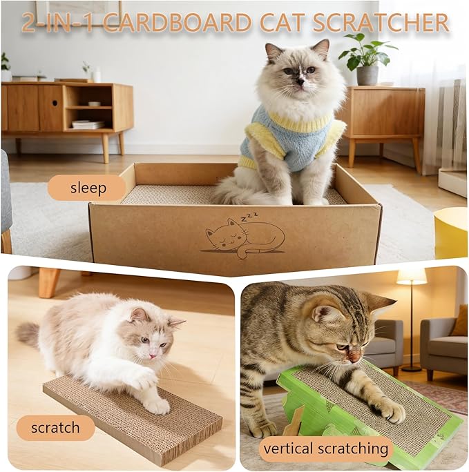 3 Pack Cat Scratch Pad with Box,Slope Cardboard Scratcher for Indoor Cats Protects Furniture,Reversible Scratching Board for Cats with Catnips Bed for Small Medium Cats Kitten Rest