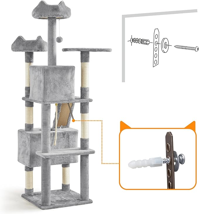 Topeakmart 72in Cat Tree for Indoor Cats, Multi-Level Cat Tower Cat Condo with Scratching Posts, 3 Perches, Cat Furniture Activity Center Play House for Cats Kitten, Light Gray
