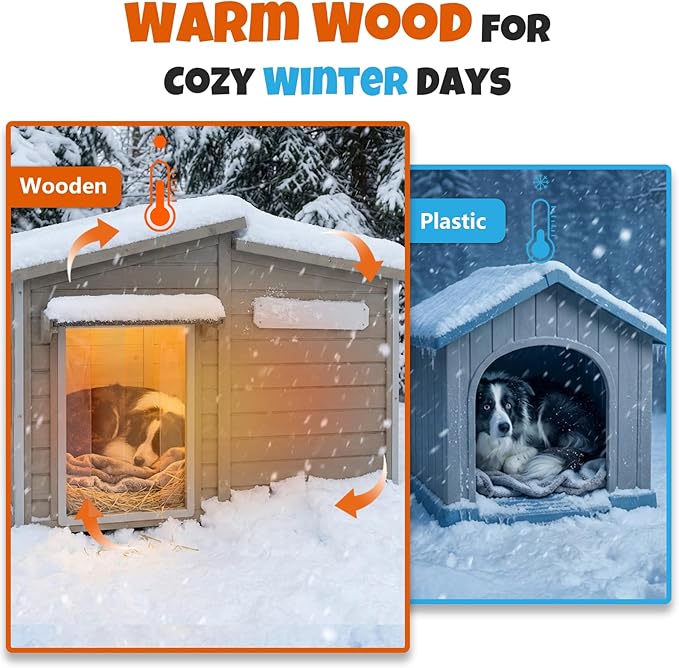 Large Outdoor Wooden Dog House, Weatherproof Dog Houses with Adjustable Vent Windows, Alloy Chew-Resistant Frame, Removable Floor for Medium & Large Dogs, (43.5" L x 29.5" W x 33.5" H)