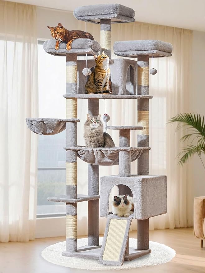 Taoqimiao 76-Inch Cat Tree XXL for Large Cats, Giant Cat Tower with Scratching Board, Extra-Large Metal Hammock, 3 Perches, 7 Sisal Posts, 2 Big Condos, Hanging Basket, Light Gray, MS047W