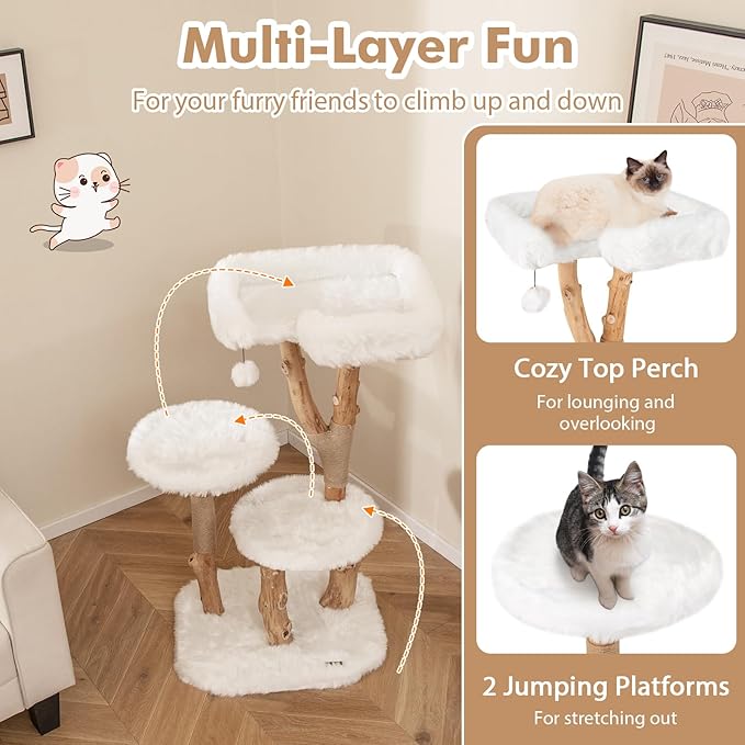 Tangkula Solid Wood Cat Tree, Modern Wooden Cat Tower with Perch, Jute Scratching Posts, Dangling Ball, Soft Long Plush, Luxury Cat Condo, Natural Branch Cute Cat Tree for Indoor Cats
