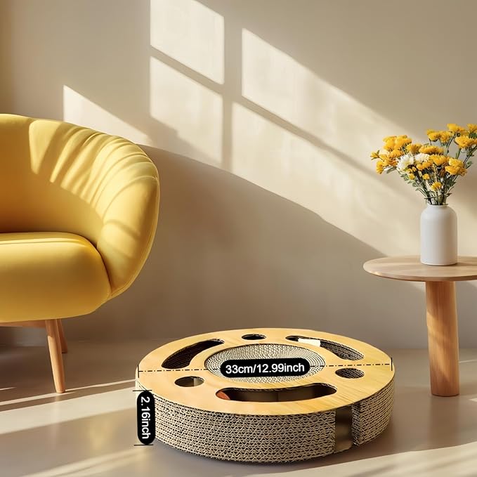 3-in-1 Cat Scratcher Toy, 13 Inch Round High-Density Corrugated Paper Puzzle Mat & Lounge for Indoor Cats, Reinforced Scratch-Resistant Board for Furniture Protection（Wood Color）