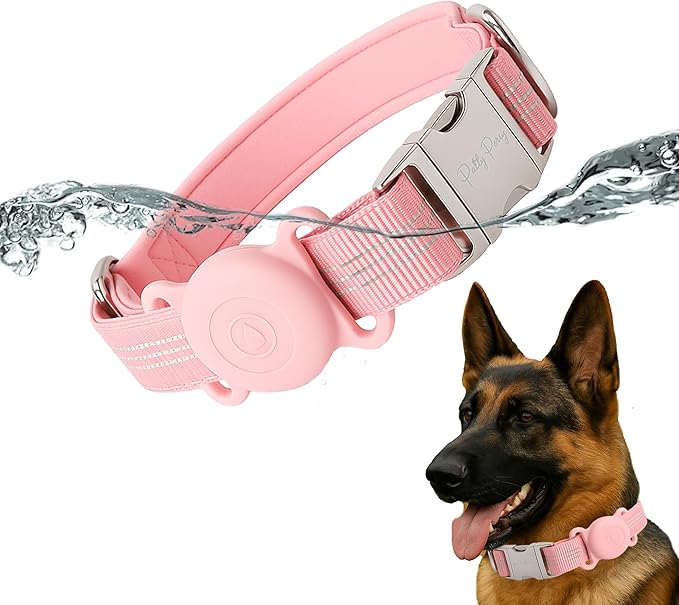 AirTag Holder Dog Collar for Large Medium Dogs, Adjustable Nylon Dog Training Collar with Quick Release Buckle, Reflective Heavy Duty Tactical Dog Collar with Handle (Pink M)