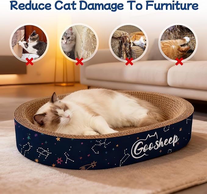 4-in-1 Cat Scratcher and Bed, 2 Scratching Pads & 2 Oval Loungers for Indoor Cats, Multi-Cat Household Cardboard Scratcher Furniture with Cat Bed Design to Save Your Couch