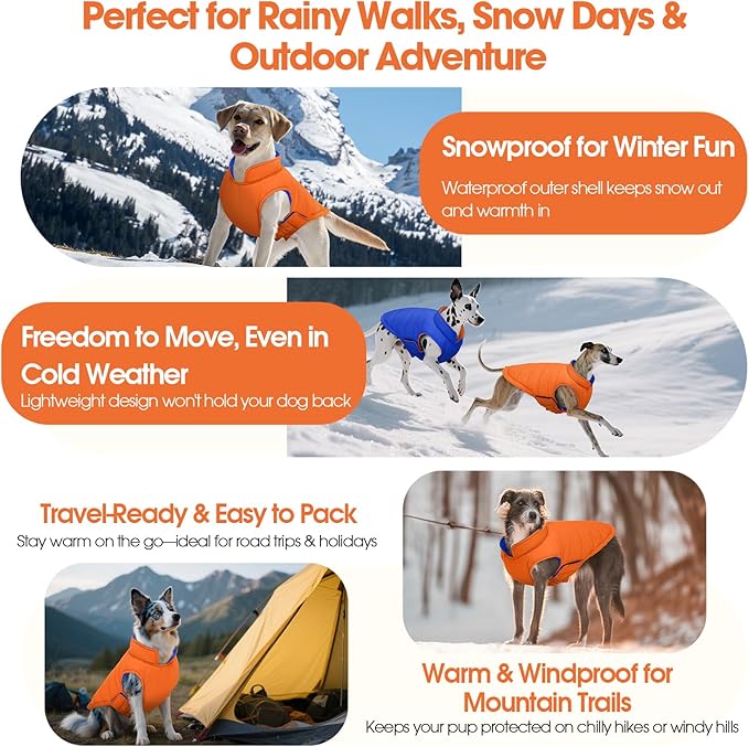 QBLEEV Reversible Dog Jacket for Small Dogs, Waterproof Windproof Warm Winter Coat with Adjustable Fit & Leash Hole, Lightweight Reversible Puffer Vest, Orange, S – Fits Yorkie, Shih Tzu