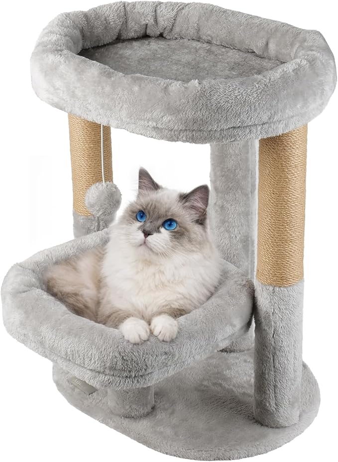 Cat Tree for Indoor Cats, 2-Tier Cat Tower with Padded Donut Beds, Stable Structure, Sisal Scratching Posts & Hanging Ball Toy, Modern Cat Furniture (Light Grey)