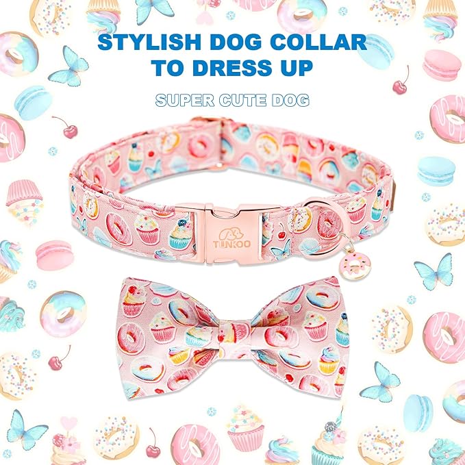 Tunkoo Pink Dog Collar with Bow Tie Cute Cake - Durable, Adjustable, and Stylish Pet Collar Available in Small Medium Large S