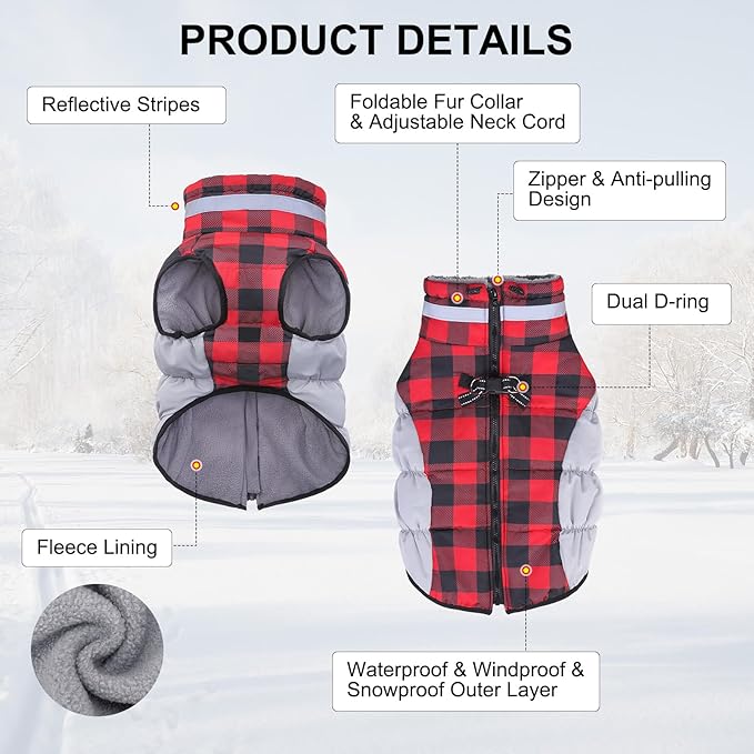 BEAUTYZOO Dog Winter Coat with Harness Built in, Reflective Plaid Puffer Vest Waterproof for Small Dogs, Fleece Warm Puppy Zipped Jacket with D Ring, Pet Cold Weather Sweater Clothes, Red S