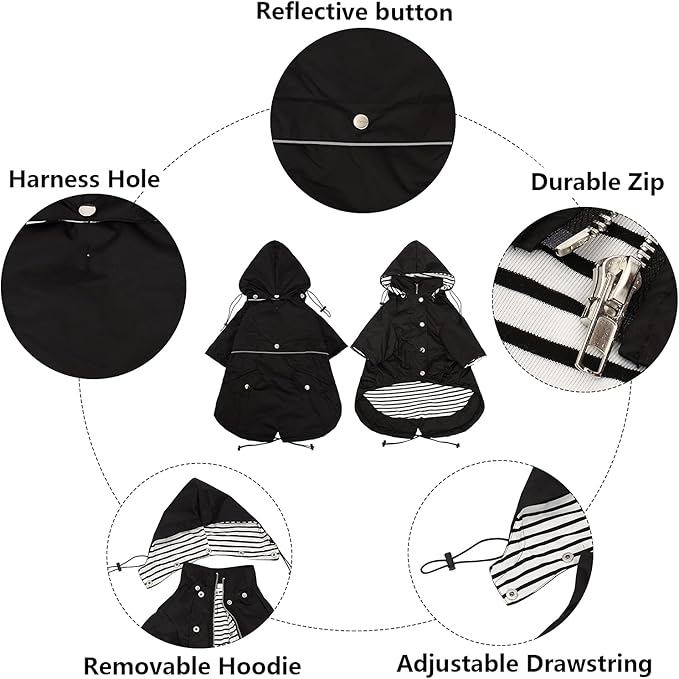 Morezi Dog Zip Up Raincoat with Reflective Buttons, Rain/Water Resistant, Adjustable Drawstring, Removable Hood, Raincoats with Legs 8lbs to 80lbs Available - Black - L