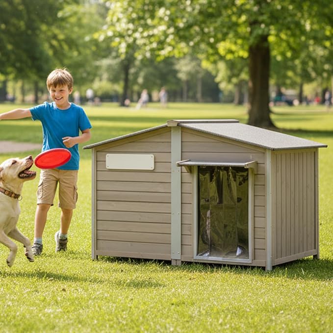 55''L Extra Large Dog House Outdoor Weatherproof, Wooden XL Dog Houses Kennel Breed with Waterproof Roof, Chew-Proof Iron Frame, Doghouse Pet Shelter Fits Small to Large Dogs