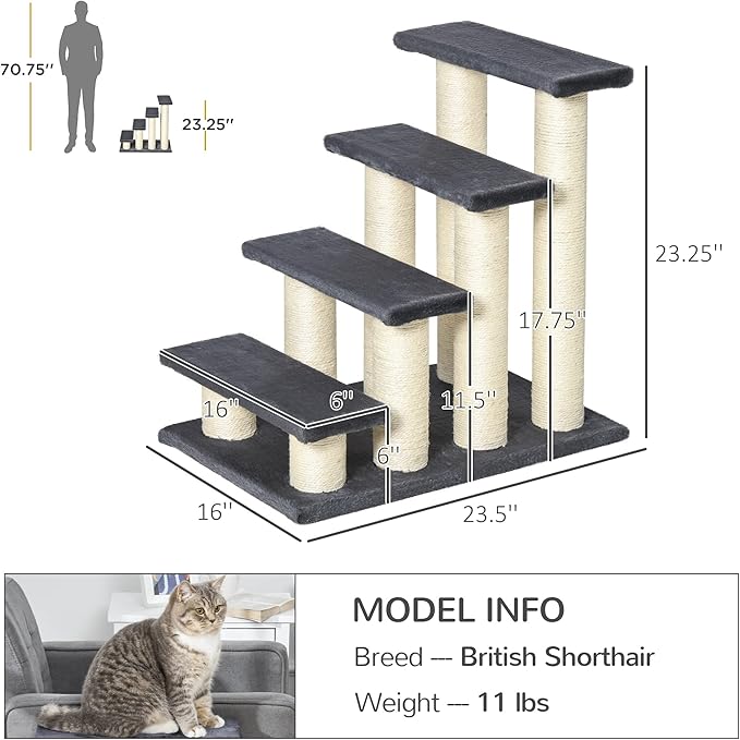 4 Levels Pet Stairs for High Beds Couch, Cute Stair Shaped Cat Tree for Indoor Cats or Dogs with Scratching Post, Hanging Play Ball, Gray