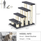 4 Levels Pet Stairs for High Beds Couch, Cute Stair Shaped Cat Tree for Indoor Cats or Dogs with Scratching Post, Hanging Play Ball, Gray