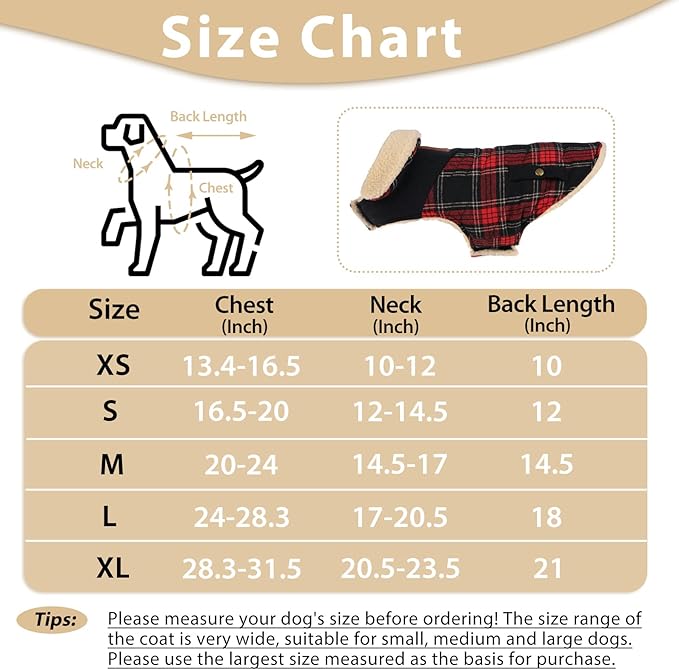Winter Coat for Small Dogs, Puppy Plaid Jacket, Cotton Coat for Cold Weather, Windproof Warm Dog Garments, Pet Thickened Outfits Indoor Outdoor, Red XS