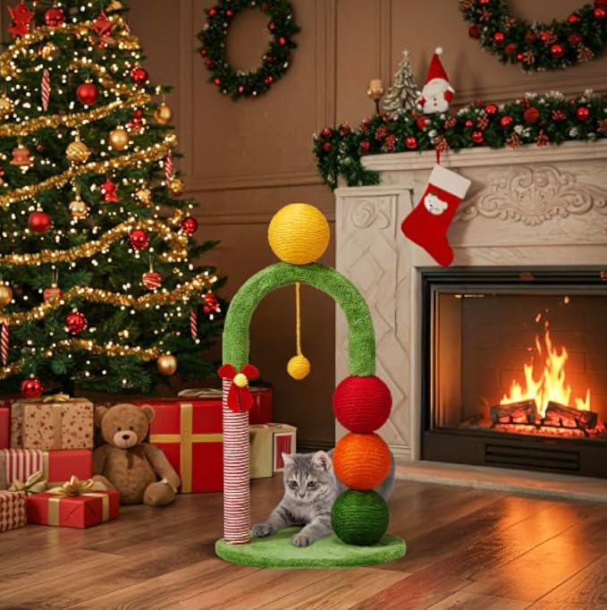 VINGLI 29IN Christmas Cat Tree Tower with Sisal Scratcher Balls, Holiday Cat Scratching Post with Candy Cane Pole & Dangling Ball Toy, Cute Indoor Cat Tree for Kittens & Adult Cats