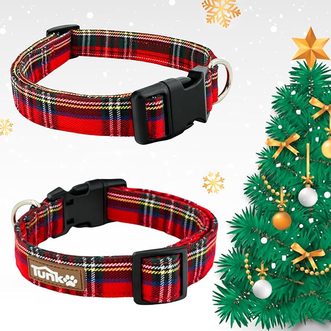 Tunkoo Christmas Plaid Dog Collar, Cute Adjustable Red Collar for Boy and Girl Dogs, Dog Collar with Strong Plastic Buckle - for Small Medium Large Pets, S