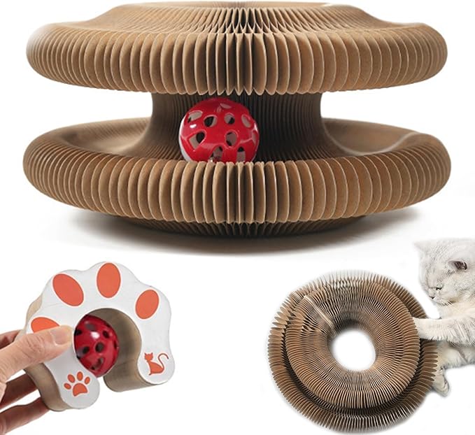 DFQ Kitty Kurlz, Magic Organ Cat Scratching Board Toy with Balls Bells,Made of Recyclable Corrugated Cardboard,Interactive Mental Physical Exercise Cat Toys for Indoor Cats(Brown)