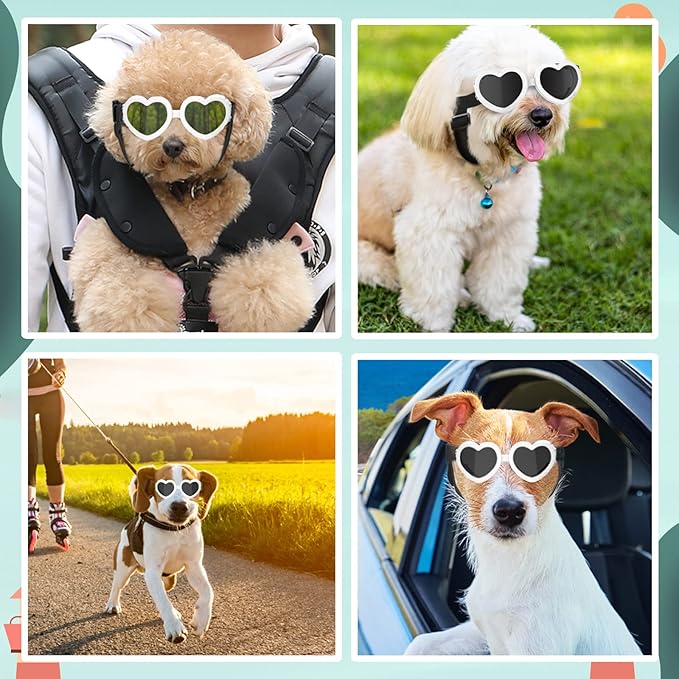 Lewondr Small Dog Sunglasses UV Protection Goggles Eye Wear Protection with Adjustable Strap Doggy Heart Shape Anti-Fog Sunglasses for Pet Dogs Sun Glasses Doggie Windproof Glasses, White