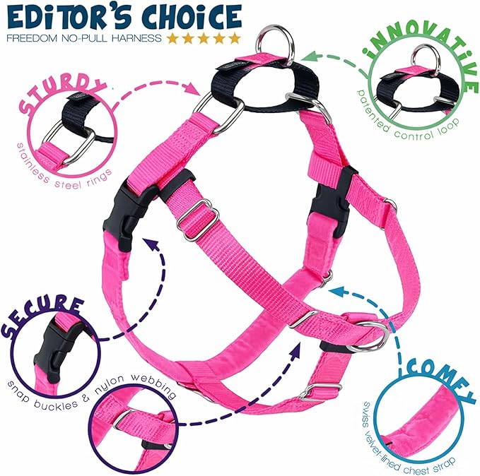 2 Hounds Design Freedom No Pull Dog Harness, Adjustable Harness and Leash Set, Easy Walking & Comfortable Control, Fits Small, Medium & Large Dogs, Solid Colors, Made in USA, 1" XL, Hot Pink