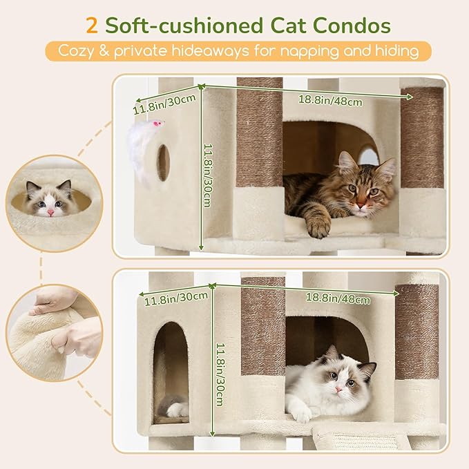 Globlazer Extra Large Heavy Duty Cat Tree, 80in Tall Sturdy Cat Tree Tower for Multiple Indoor Cats Large Adult with Scratching Posts, 2 Spacious Condos with Padding, 2 Soft Perches, S80C, Beige