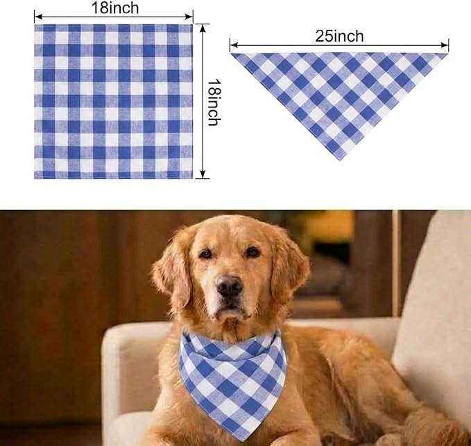Dog Bandanas 1 Pack; Cotton Linen Blue Bandana Plaid for Large Dogs; Soft Breathable Dog Accessories; Classic Dog Apparel & Accessories