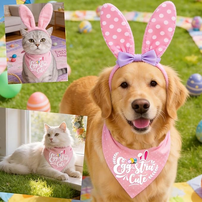 Easter 2-in-1 Dog Bandana with Egg-Stra Cute & Some Bunny Love Me Lovely Saying, Pink Pet Holiday Costumes Scarf with Snap Button, Medium to Large Breeds (30-75lbs)