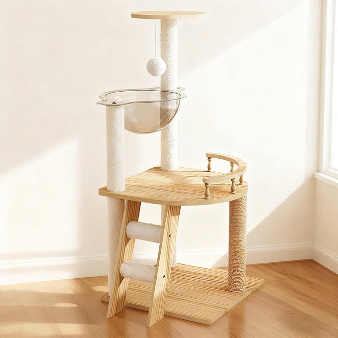 Floor to Ceiling Cat Tree, Adjustable Height Cat Tower (98-110 Inch) Fits Any Room, Modern Cat Activity Tree with Large Wood Condo, Hammock & Scratching Post for Indoor (Natural+White + 3)