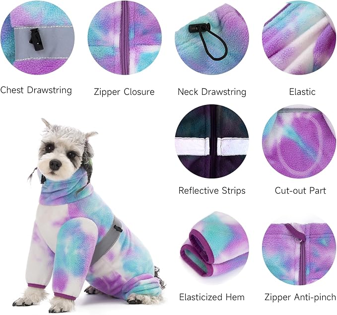 Dog Coats for Small Dogs, Polar Fleece Dog Pajamas Bodysuit, Puppy Onesies Tie Dye Jumpsuits, Dogs Warm Clothes Four-Legged, Doggie Fullbody Winter Jacket Vest