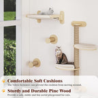 BYBYME 7 Pcs Wall-Mounted Cat Shelves, Multi-Level Sturdy Climbing Frame with Scratching Posts, Kitten Platform & Cat Bed for Playing & Resting, Solid Wood Indoor Cat Room Tree（Natural Wood）