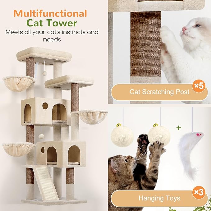 Globlazer Large Cat Tree, 72 inch Tall Cat Climbing Tower for Indoor Large Adult Cats Multi-Level Furniture Tree House with 2 Cozy Perches, 2 Padded Condos, 5 Sisal Scratching Posts, F72G, Beige