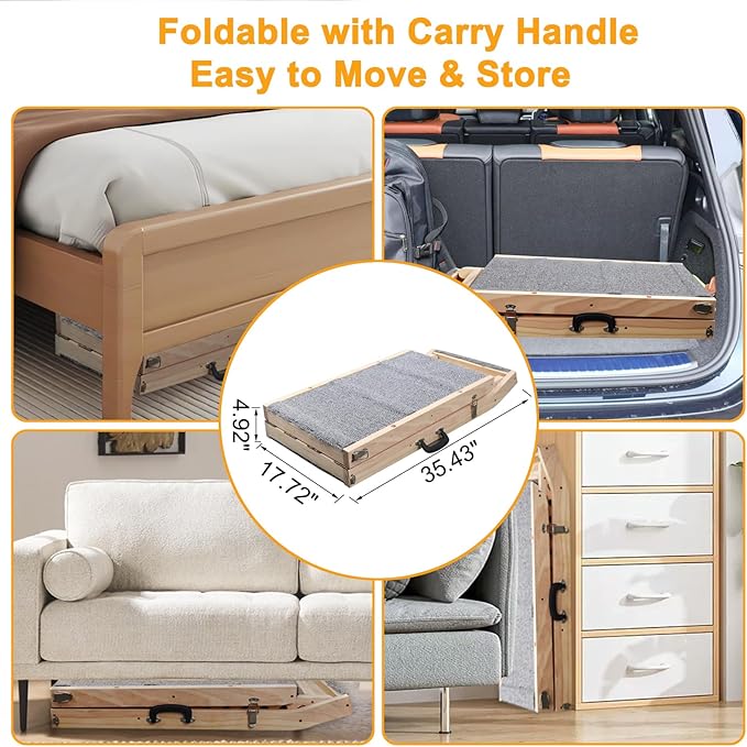 Dog Ramp for Bed, Couch & Car – Adjustable Foldable Pet Ramp, 64.17" Long, 17.72" Wide, Non-Slip Surface with Safety Rails, 8 Heights 20.08"-28.35", Supports 220 lbs, Solid Wood (Wood, 17.72)