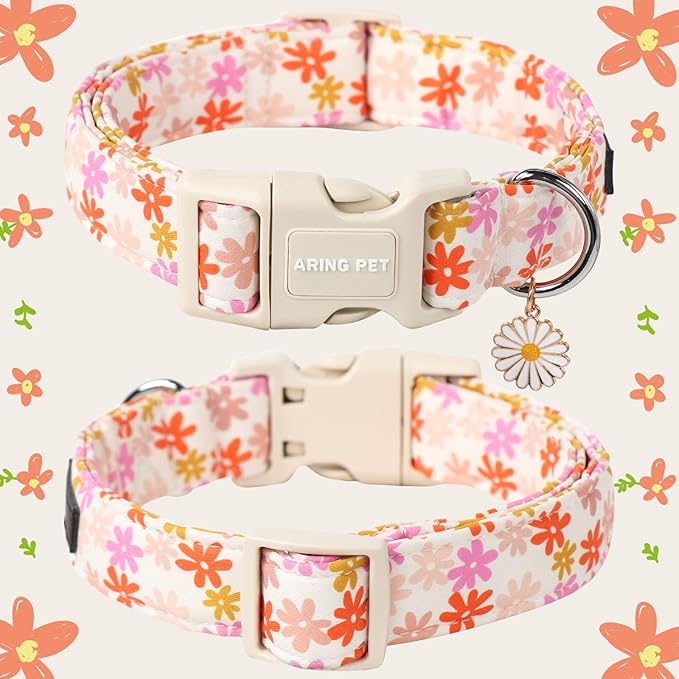 ARING PET Spring Summer Girl Dog Collar-Cute Floral Doggy Collars for Small Dogs, Adjustable Cotton Sunflower Pet Collars Puppy Collar for Small Medium Large Dogs