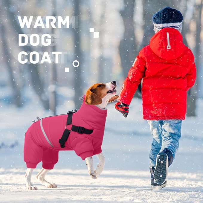 BRKURLEG Dog Winter Coat with Harness Built in, Winter Dog Jacket for Small and Medium Dogs, Small Dogs Snowsuit Reflective Windproof Cold Weather Coat, Puppy Warm Fleece Coats, Hot Pink, XL