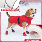 Winter Dog Coat and Snow Boots with Heavy Duty Dog Leash Waterproof Puppy Winter Jacket Cold Weather Coats Set Reflective for Small Medium Size Dogs Walking(Small)