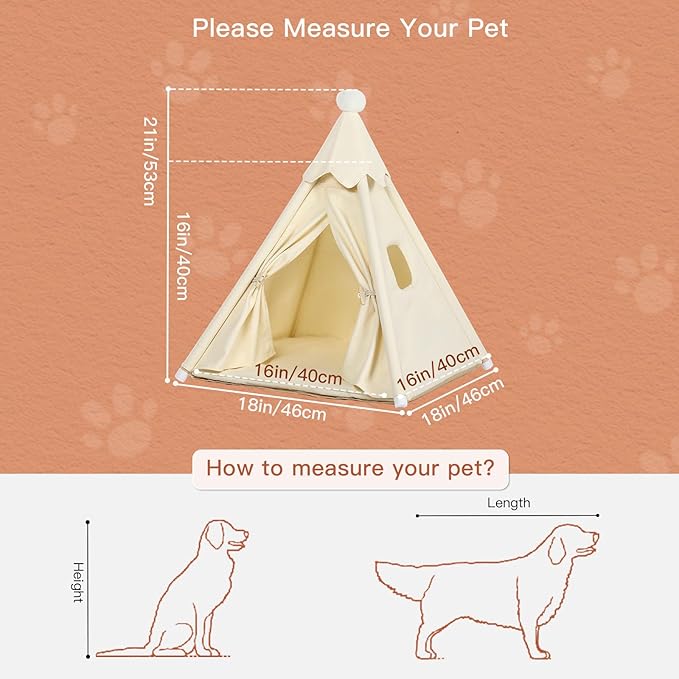 Bunny & Tiny Cat & Tiny Dog Teepee Tent House (Int 16x16x16in/Ext 18x18x21in) for Mini Chihuahua, Yorkie, Maltese, Puppy, Rabbit, Kitty Kitten, Guinea Pig, Chinchilla, Cotton Canvas & Stable Frame