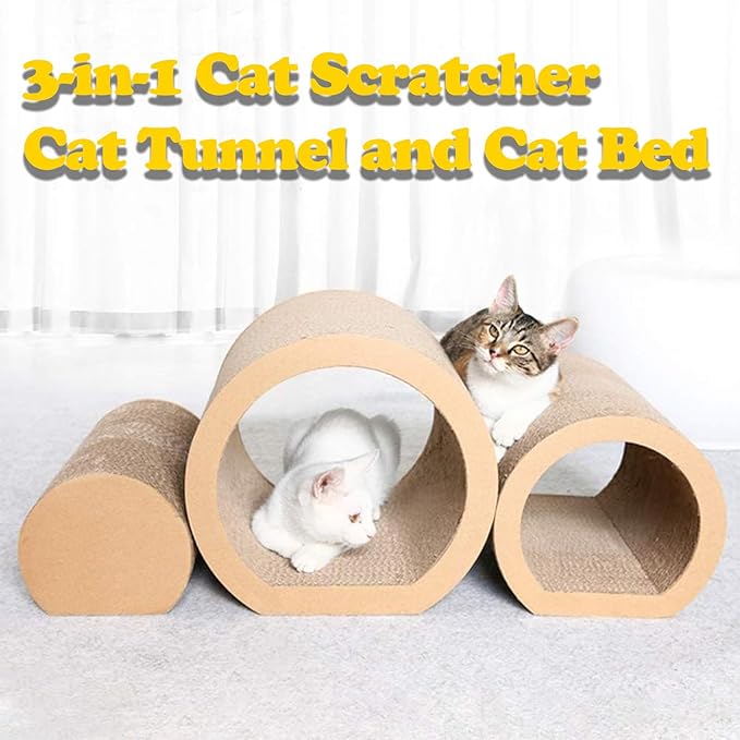 3-in-1 Reversible Cat Scratching Mat - Cardboard Scratcher Board with Cat Tunnel Bed, Kitten Scratch Pad for Indoor Cats Play, Rest, Scratch