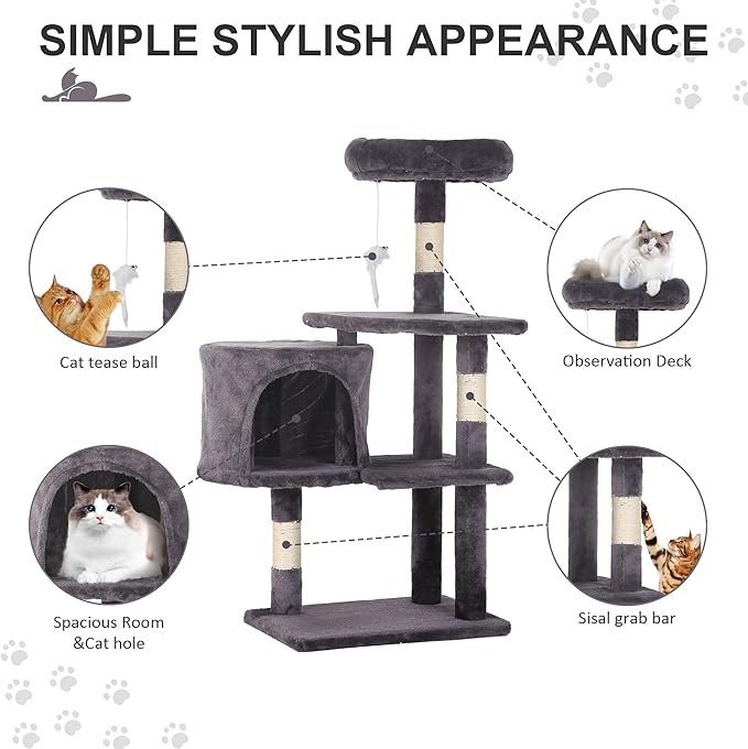 36" Multi-Level Cat Tree Tower with Scratching Posts, Toys & Condo - Space-Saving Design for Indoor Kittens, Compact Floor Footprint & Vertical Space for Multi-Cat Homes-Light Grey