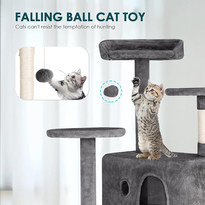 Cat Tree 53 inches Cat Tower for Indoor Cats Cat House with Replaceable and Removable Dangling Ball Cat Trees and Towers with Funny Toys, Light Gray
