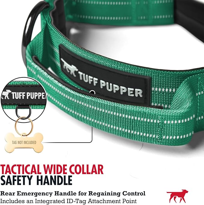 Tuff Pupper Tactical Dog Collar with Handle | Heavy Duty Adjustable Dog Collar | Military Nylon Collar for Medium Dogs | Quick-Release Buckle | Soft Padded Comfort | Training Control (Green, Medium)