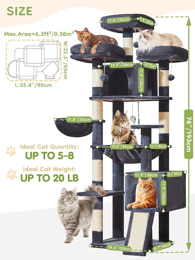 Taoqimiao 76-Inch Cat Tree XXL for Large Cats, Giant Cat Tower with Scratching Board, Extra-Large Metal Hammock, 3 Perches, 7 Sisal Posts, 2 Big Condos, Hanging Basket, Smoky Gray, MS047G