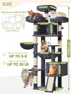 Taoqimiao 76-Inch Cat Tree XXL for Large Cats, Giant Cat Tower with Scratching Board, Extra-Large Metal Hammock, 3 Perches, 7 Sisal Posts, 2 Big Condos, Hanging Basket, Smoky Gray, MS047G