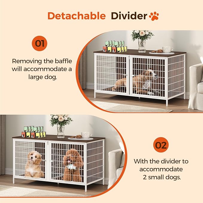 Dog Crate Furniture for 2 Dogs, 43.3" Dog Kennel with Removable Divider, Heavy Sturdy Dog Furniture Style Double Cage for Small Medium Dogs, Indoor Pet House End Table, White and Walnut