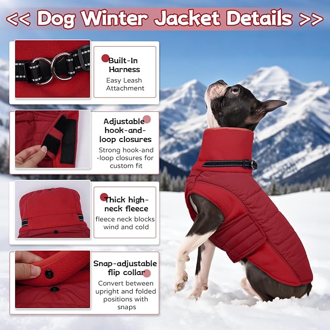 BRKURLEG Dog Winter Coat with Harness Built in, Warm Jacket for Small Medium and Large Dogs, Windproof Turtleneck Fleece Dogs Snowsuit with Hook & Loop, Reflective Christmas Dog Jacket, Red XS