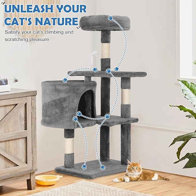 Cat Tree 36 Inch Cat Tower for Indoor Cats with Scratching Post,Padded Perch,Hanging Toys for Kittens & Adult Cats,Beige (Light Gray)