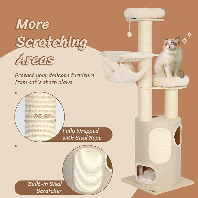 KAMABOKO 74” Large Cat,Tall Cat Tree Tower Multi-Level Platforms with 2-Story Cat Condo, 2 Style Hammocks, Sisal Scratching Posts,Heavy Duty, Sturdy & Stable, Cat Tree for Large Cats 20 lbs